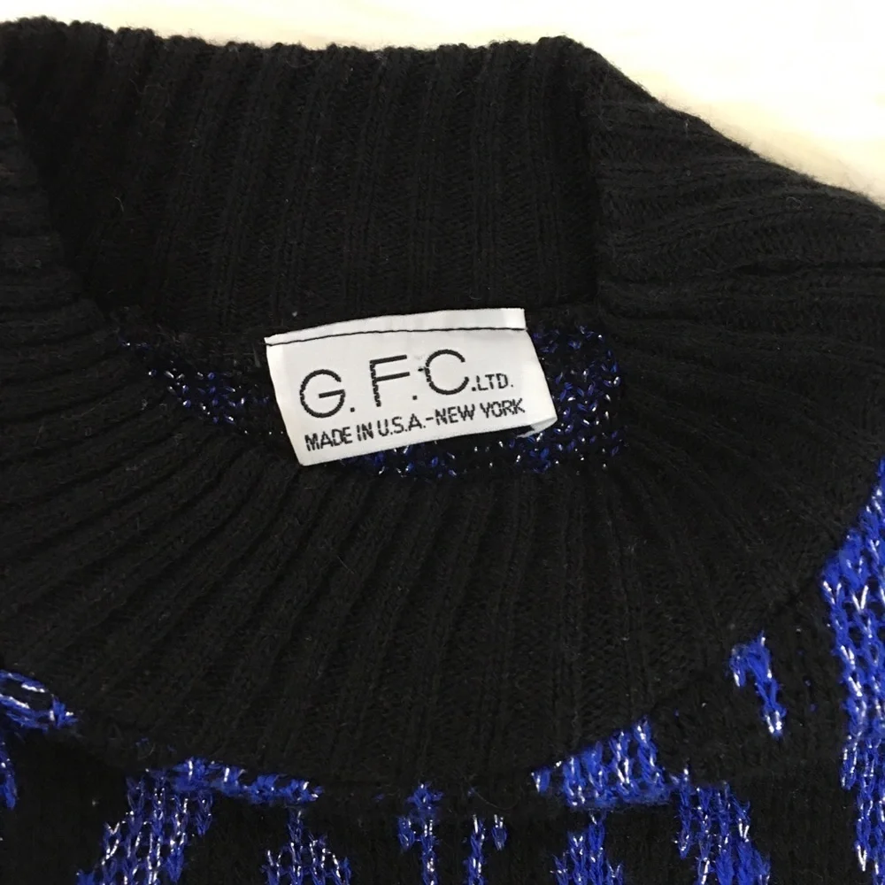 Vintage 80s 70s Blue Sparkle Glitter Patterned Mock Neck Sweater Top